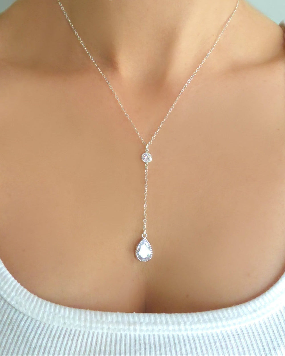 Cubic Zirconia Teardrop Necklace With Crystal Pendant
