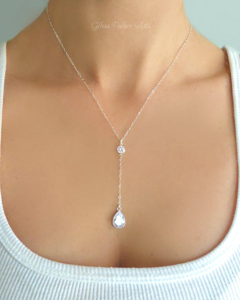 Cubic Zirconia Teardrop Necklace With Crystal Pendant