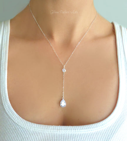 Cubic Zirconia Teardrop Necklace With Crystal Pendant