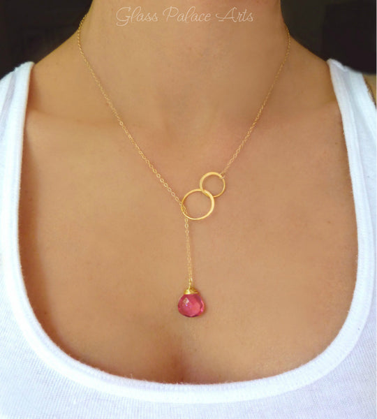 Pink Quartz Gemstone Teardrop Necklace - Infinity Lariat In Gold or Sterling Silver