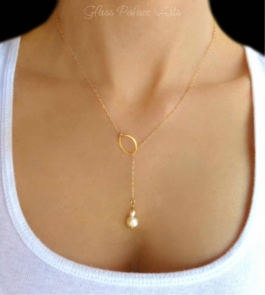 Dainty Freshwater Pearl Lariat Necklace - Sterling Silver or 14k Gold Fill