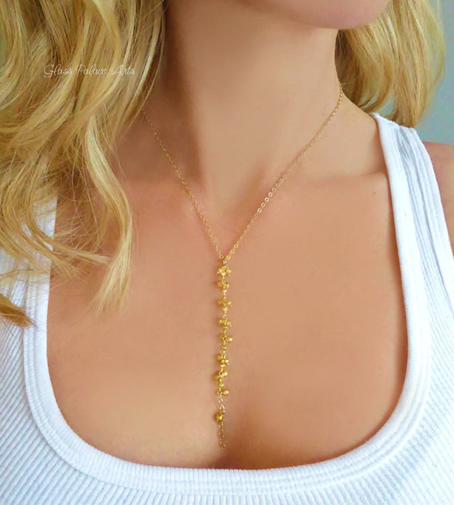 long Gold Lariat Necklace For Women With Gold Dangle