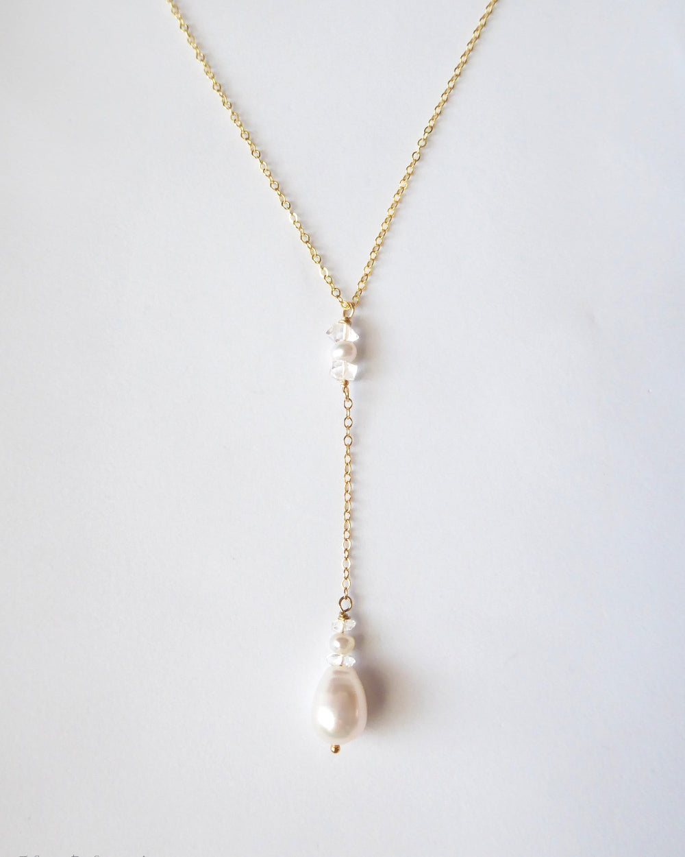 Freshwater Pearl And Herkimer Diamond Lariat Necklace