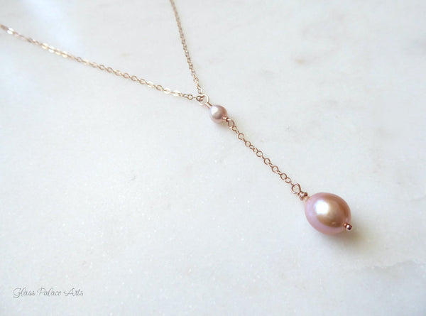 Champagne Pink Freshwater Pearl Y Necklace - Sterling Silver, Rose Gold or Gold