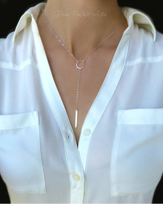 Long Bar Y Lariat Necklace For Women - Sterling Silver or 14k Gold Fill