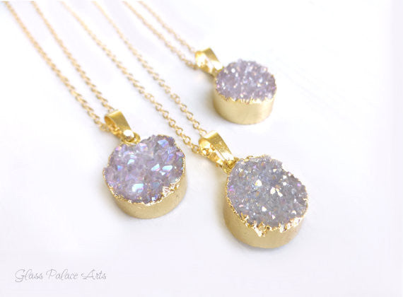 Agate Crystal Lavender Druzy Necklace For Women - Gold or Sterling Silver