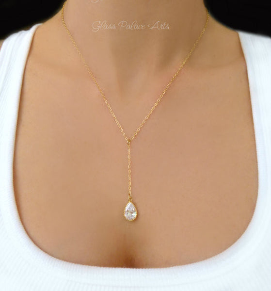 Cubic Zirconia Crystal Teardrop Pendant Y Necklace For Women