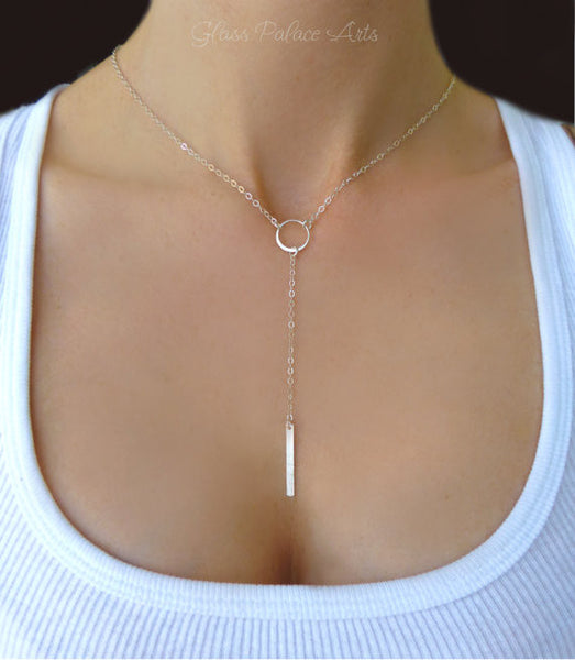 Long Bar Y Lariat Necklace For Women - Sterling Silver or 14k Gold Fill