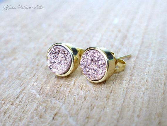 Round Rose Gold Druzy Stud Earrings 8mm - Made With Dainty Sparkly Real Gemstones