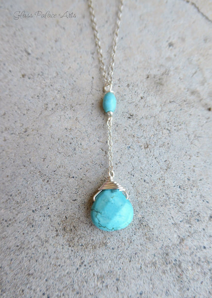 Turquoise Pendant Y Drop Necklace For Women - In Sterling Silver or Gold