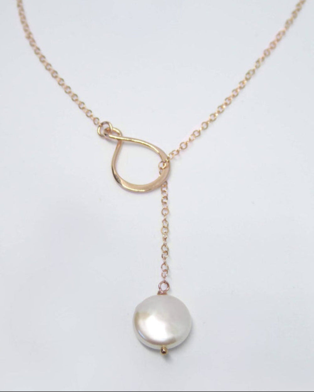 Infinity Pearl Lariat Necklace in Rose Gold