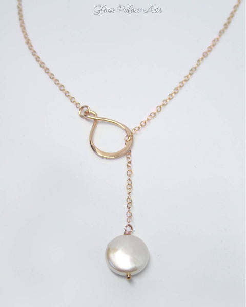 Infinity Pearl Lariat Necklace in Gold, Rose Gold, or Sterling Silver
