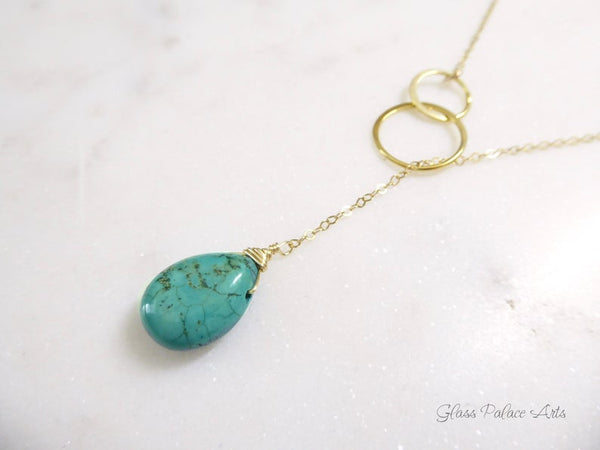 Turquoise Teardrop Lariat Necklace - Sterling Silver or 14k Gold Fill