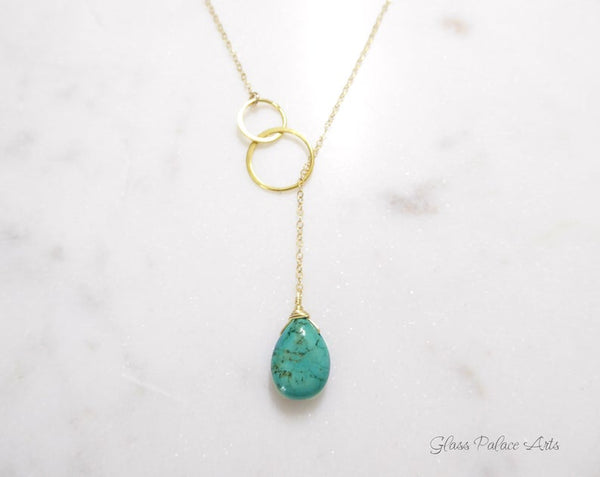 Turquoise Teardrop Lariat Necklace - Sterling Silver or 14k Gold Fill