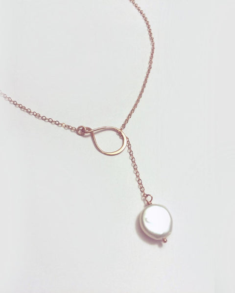 Infinity Pearl Lariat Necklace in Gold, Rose Gold, or Sterling Silver
