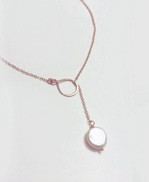 Infinity Pearl Lariat Necklace in Gold, Rose Gold, or Sterling Silver