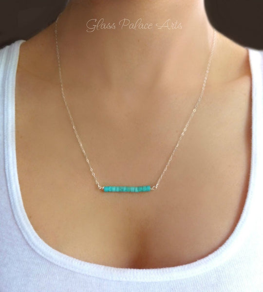 Dainty Beaded Turquoise Bar Necklace For Women - Choose Your Stone - Sterling Silver, 14k Gold Fill
