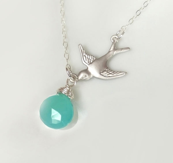 Flying Bird Necklace With Aqua Chalcedony - Sterling Silver or Gold