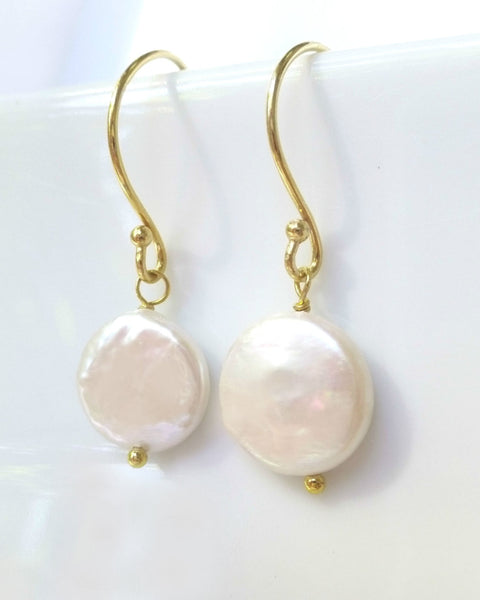 Freshwater Coin Pearl Earrings - Sterling Silver or 14k Gold Fill