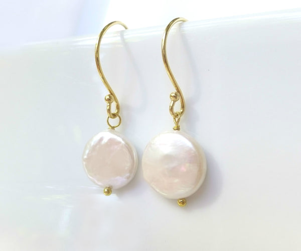 Freshwater Coin Pearl Earrings - Sterling Silver or 14k Gold Fill