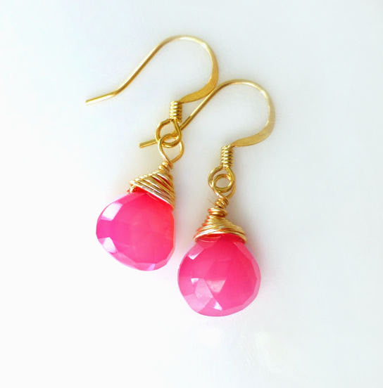 Hot Pink Chalcedony Teardrop Gemstone Earrings - Sterling Silver or 14k Gold Fill