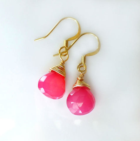 Hot Pink Chalcedony Teardrop Gemstone Earrings - Sterling Silver or 14k Gold Fill