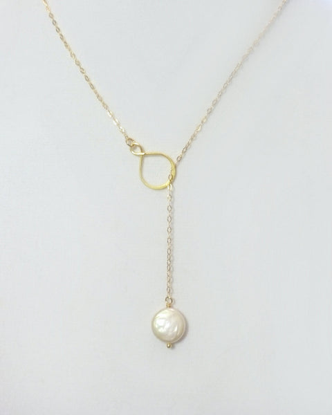 Infinity Pearl Lariat Necklace in Gold, Rose Gold, or Sterling Silver