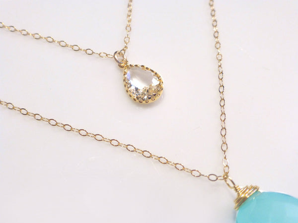 Layered Double Strand Crystal Necklace With Chalcedony - Silver or Gold