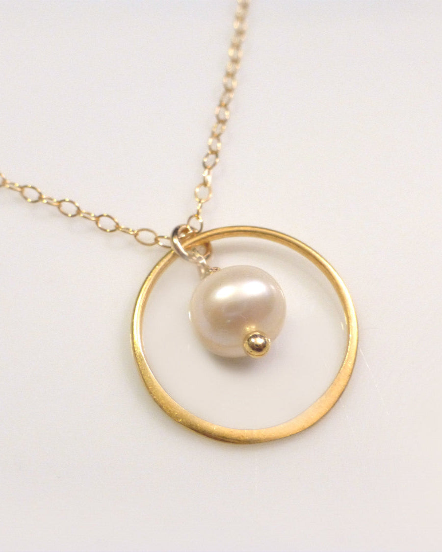 Gold Circle Necklace With Freshwater Pearl Pendant