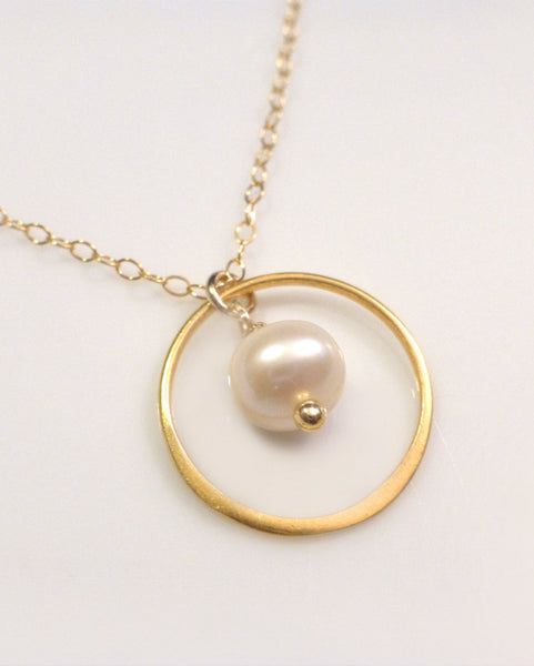 Gold Circle Necklace With Freshwater Pearl Dangle
