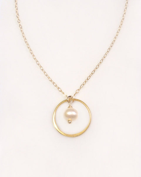 Gold Circle Necklace With Freshwater Pearl Dangle