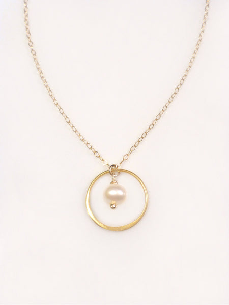 Gold Circle Necklace With Freshwater Pearl Dangle
