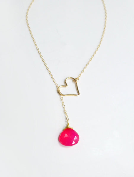 Heart Lariat Necklace With Hot Pink Chalcedony Gemstone - Clasp less Necklace