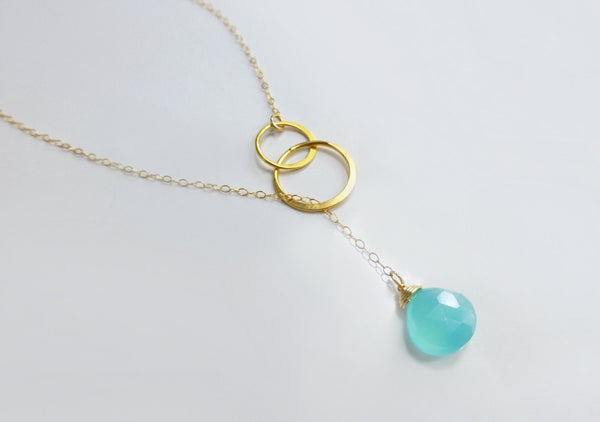 Infinity Lariat Necklace With Aqua Chalcedony Teardrop - In Shiny Sterling Silver or Gold
