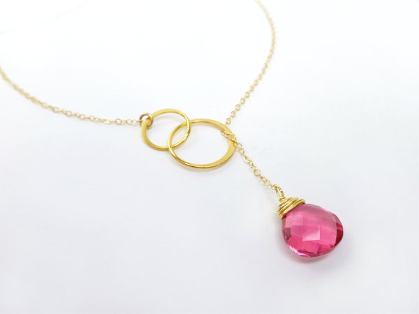 Pink Quartz Gemstone Teardrop Necklace - Infinity Lariat In Gold or Sterling Silver