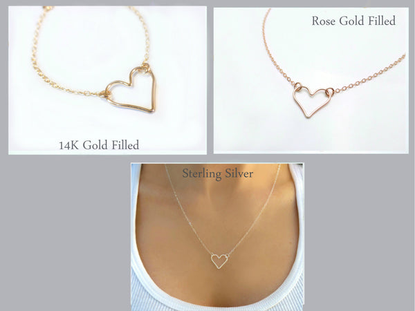 Small Sideways Floating Heart Necklace - Sterling Silver, 14k Gold Fill, Rose Gold Fill