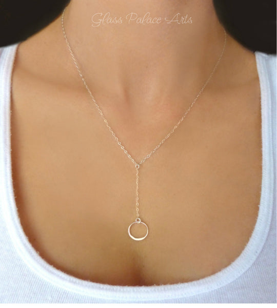 Long Infinity Lariat Y Necklace With Circle Drop Pendant - Sterling Silver or 14k Gold Fill