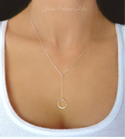 Long Infinity Lariat Y Necklace With Circle Drop Pendant - Sterling Silver or 14k Gold Fill