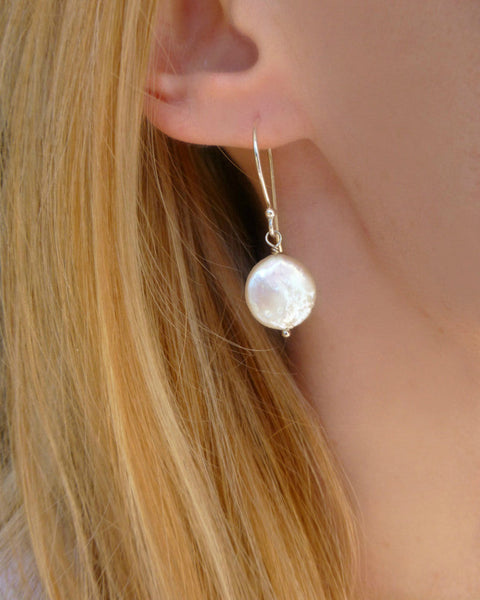 Freshwater Coin Pearl Earrings - Sterling Silver or 14k Gold Fill