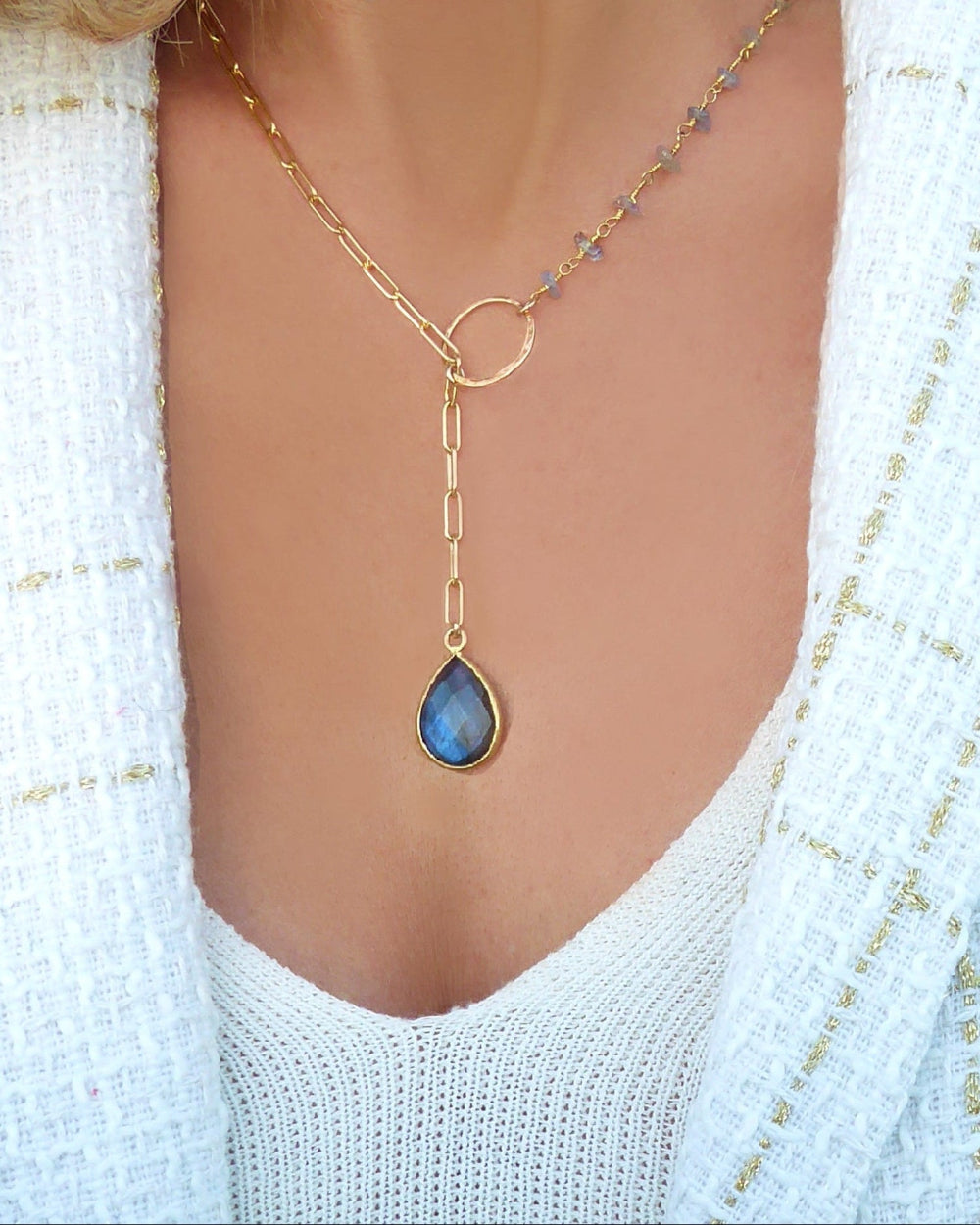 Rainbow Labradorite Statement Necklace Adjustable- Blue Gemstone Lariat Necklace
