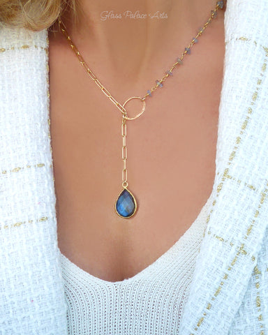 Rainbow Labradorite Statement Necklace Adjustable- Blue Gemstone Lariat Necklace