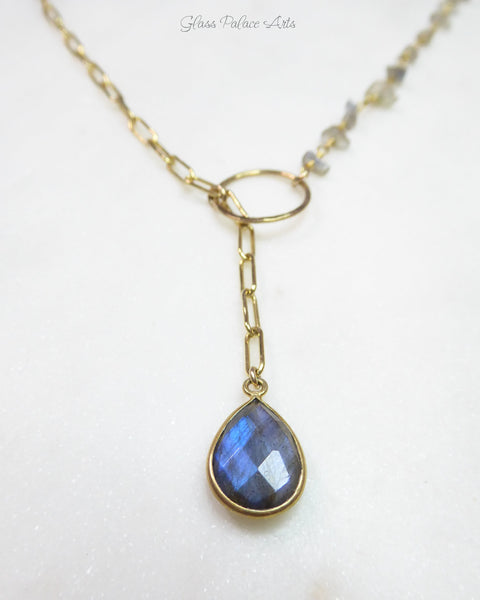 Rainbow Labradorite Statement Necklace Adjustable- Blue Gemstone Lariat Necklace