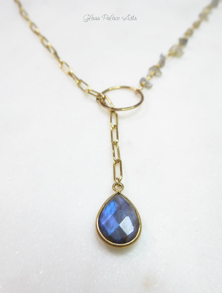 Rainbow Labradorite Statement Necklace Adjustable- Blue Gemstone Lariat Necklace