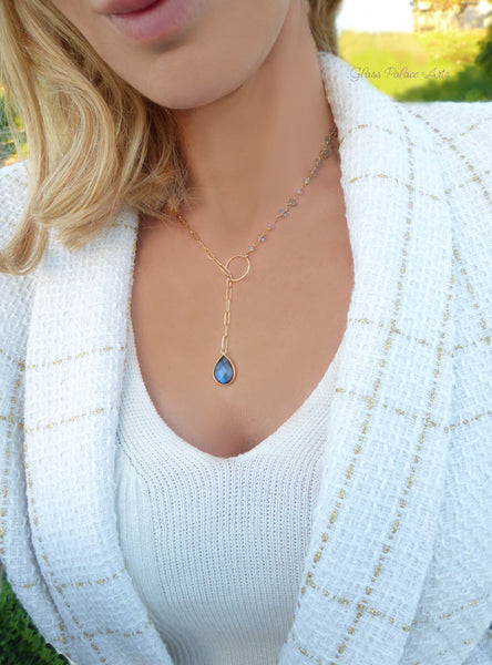 Rainbow Labradorite Statement Necklace Adjustable- Blue Gemstone Lariat Necklace