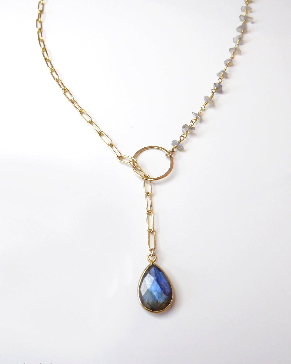 Rainbow Labradorite Statement Necklace Adjustable- Blue Gemstone Lariat Necklace