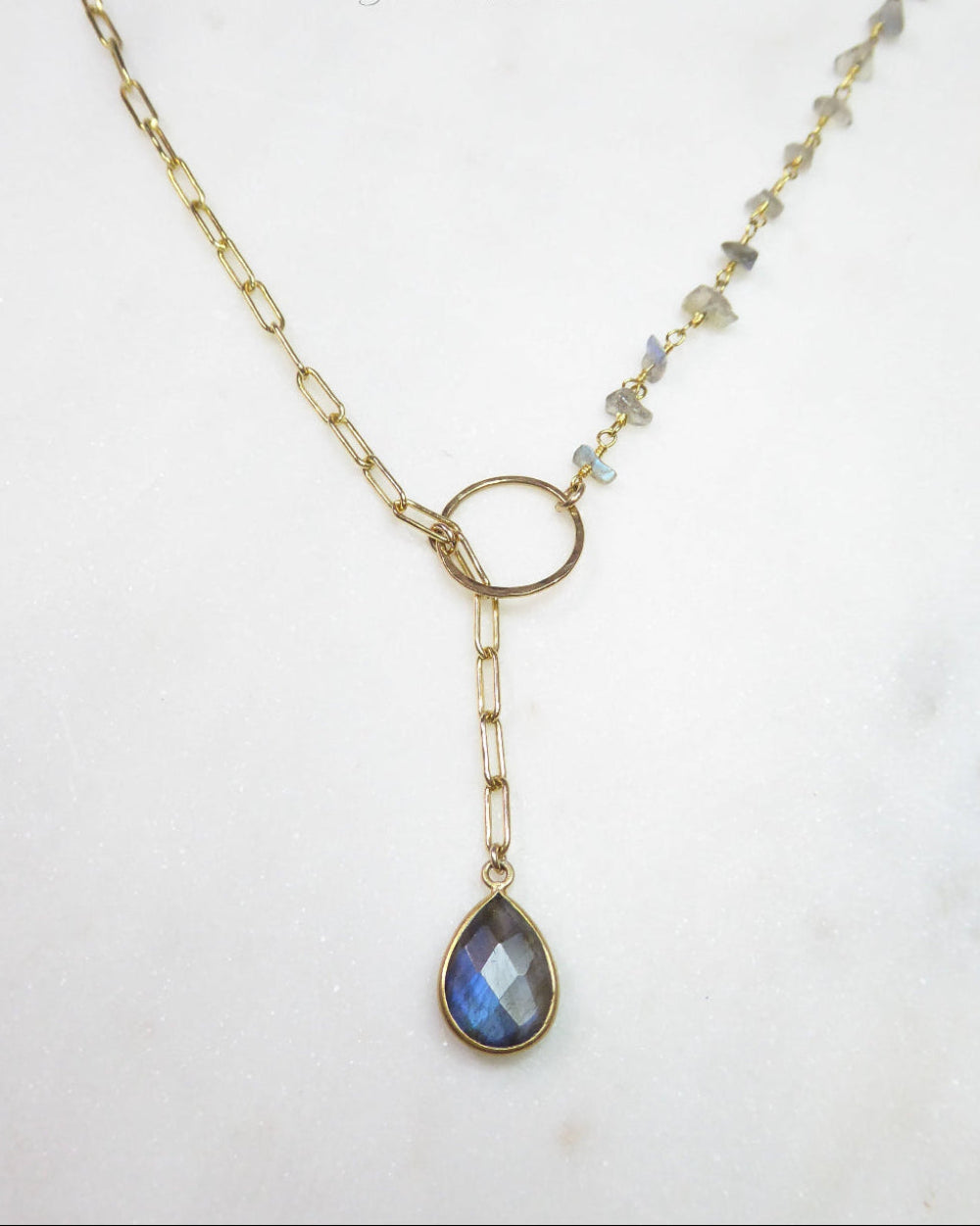 Rainbow Labradorite Statement Necklace Adjustable- Blue Gemstone Lariat Necklace