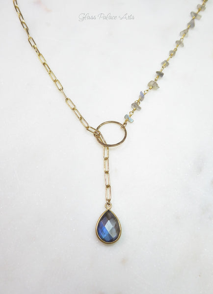 Rainbow Labradorite Statement Necklace Adjustable- Blue Gemstone Lariat Necklace