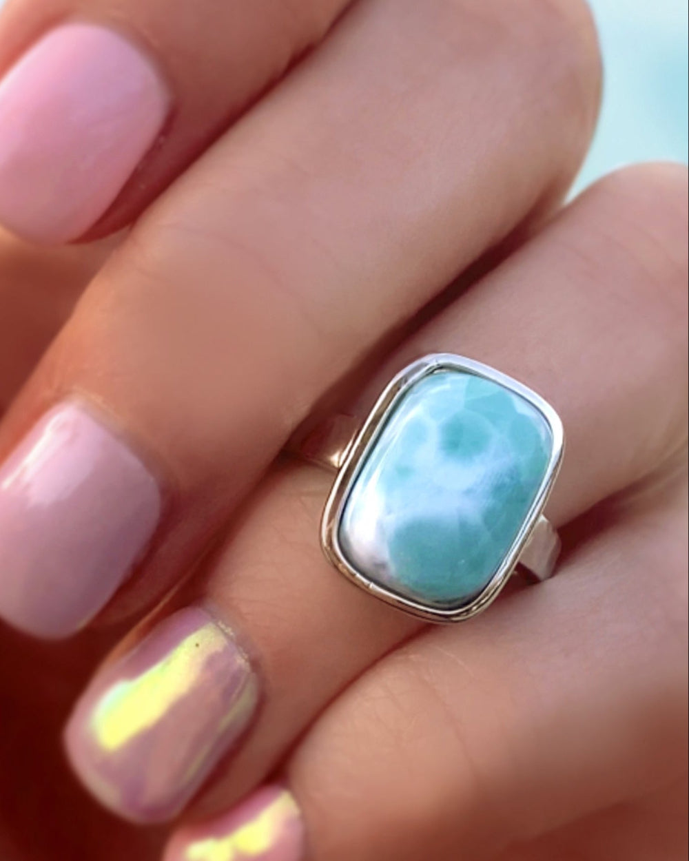 Larimar Ring For Women With Hammered Sterling Silver Band - Caribbean Statement Ring