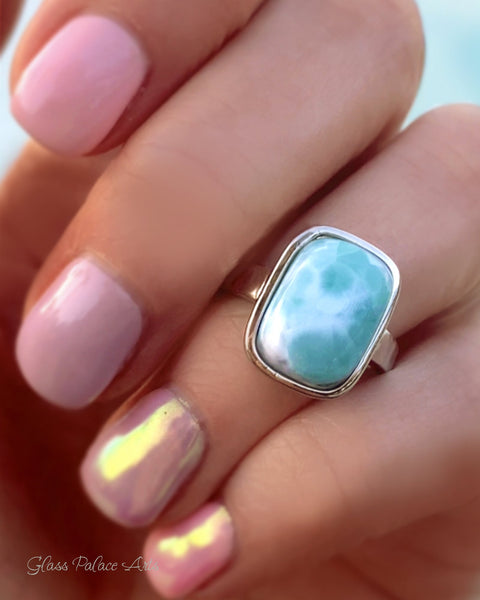 Larimar Ring For Women With Hammered Sterling Silver Band - Caribbean Statement Ring