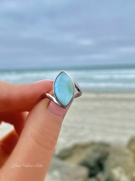 Natural Larimar Ring For Women Marquise Cut - Hammered 925 Sterling Silver Band